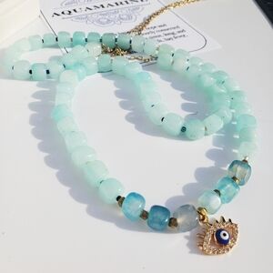 NWT AQUAMARINE NECKLACE 35 NCH EVIL EYE PROTECTION LAYERING
